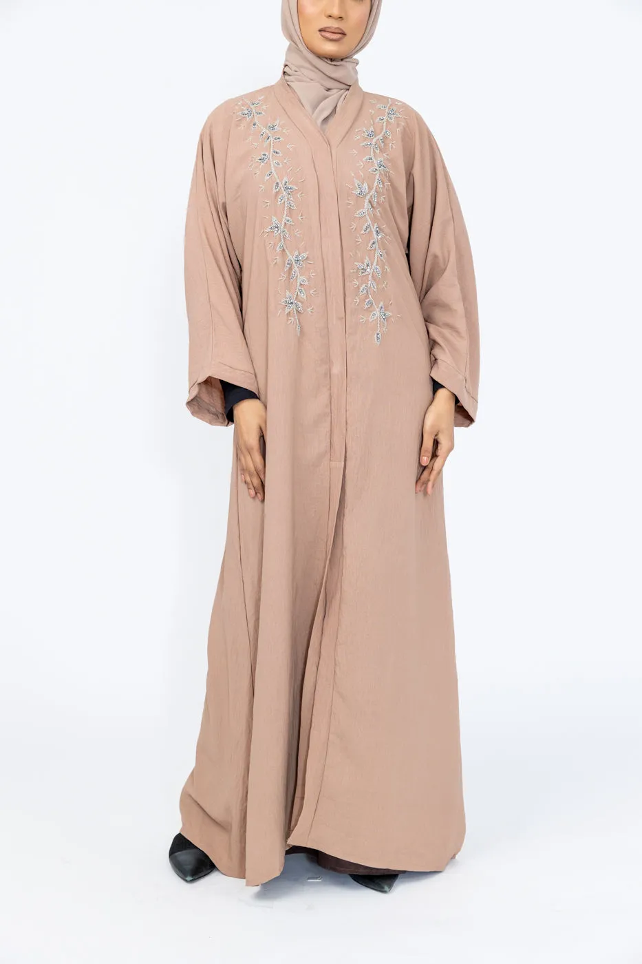 Hand Embellished Crepe Abaya - Nude