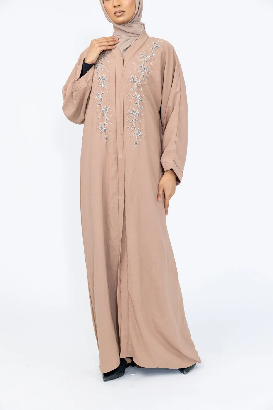 Hand Embellished Crepe Abaya - Nude