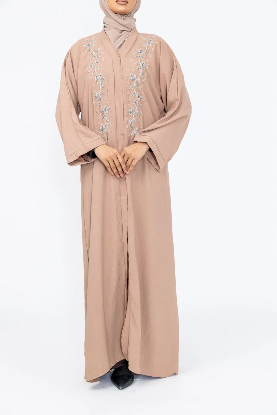 Hand Embellished Crepe Abaya - Nude