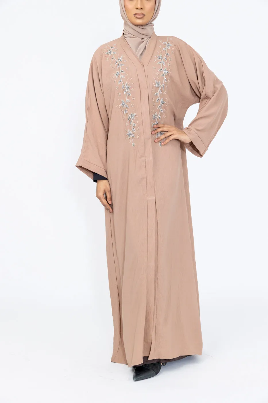 Hand Embellished Crepe Abaya - Nude