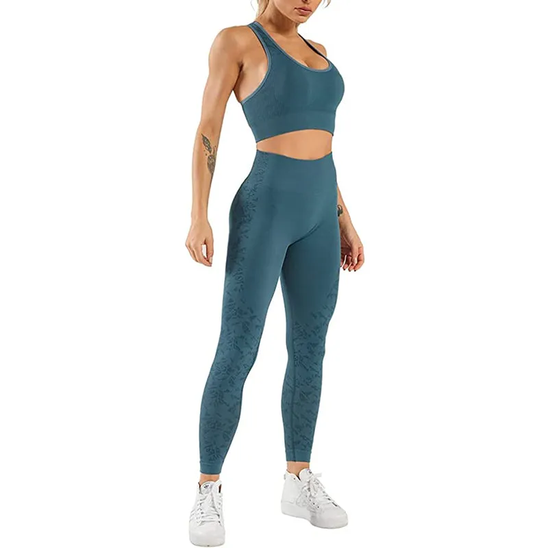 HANERDUN Women Yoga 2 Piece Outfit Workout Gym High Waist Leggings with Sport Bra Set