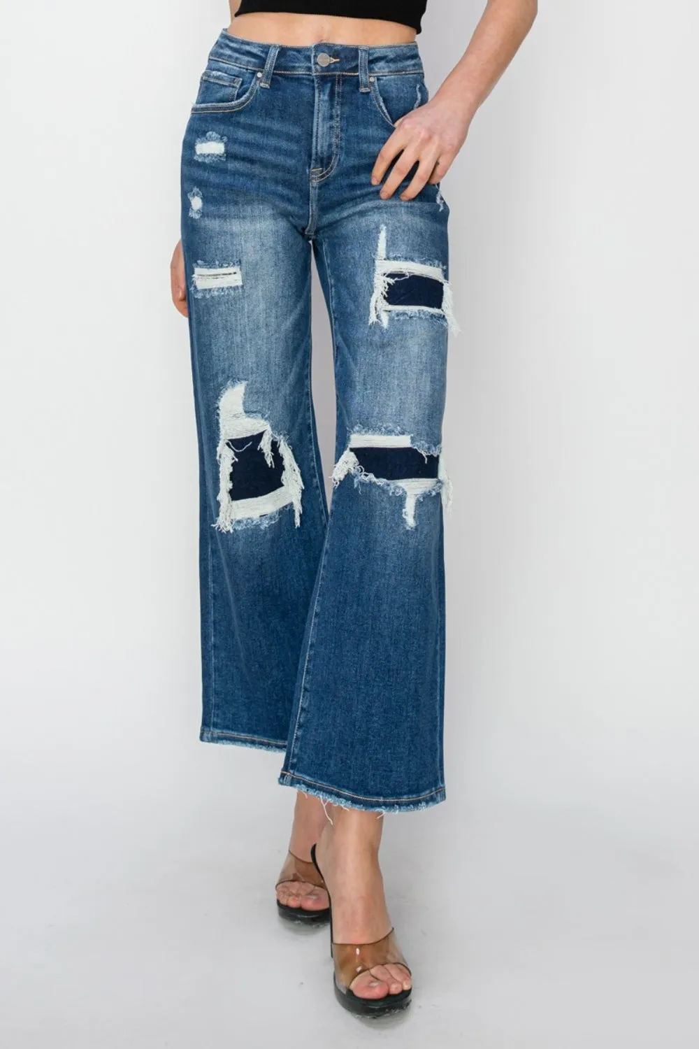 High Rise Patch Detailed Wide Leg Crop Jeans Size 0 to 3XL