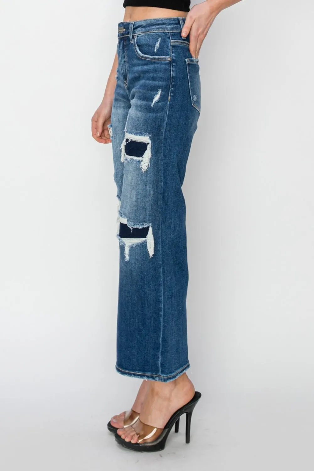 High Rise Patch Detailed Wide Leg Crop Jeans Size 0 to 3XL