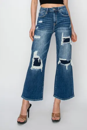 High Rise Patch Detailed Wide Leg Crop Jeans Size 0 to 3XL