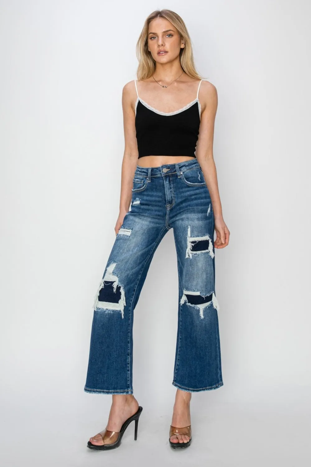 High Rise Patch Detailed Wide Leg Crop Jeans Size 0 to 3XL
