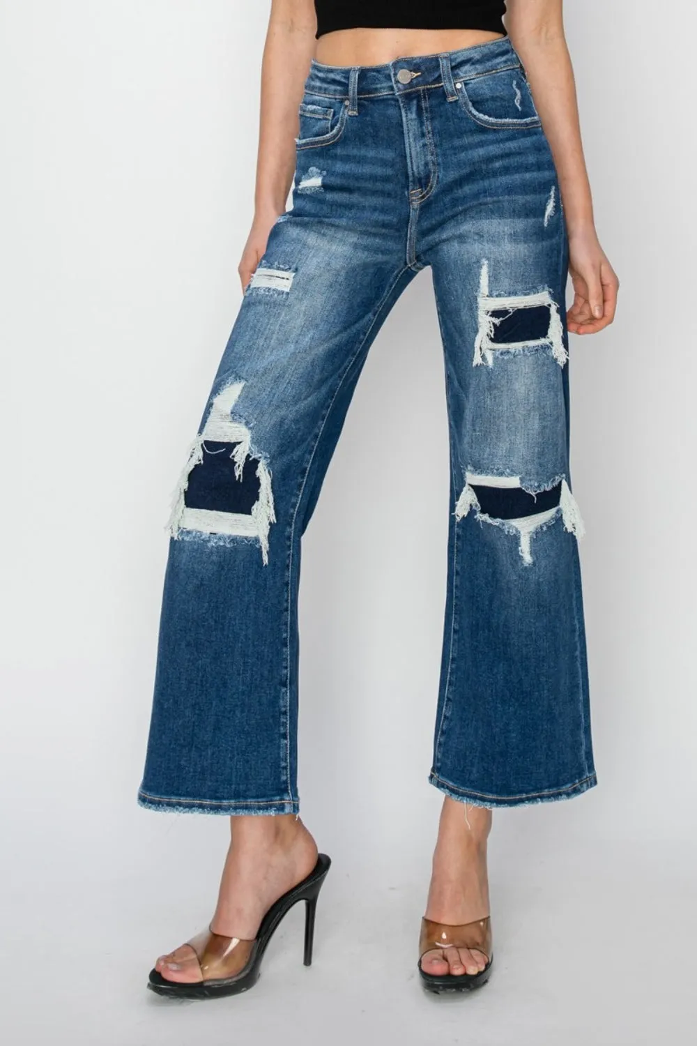 High Rise Patch Detailed Wide Leg Crop Jeans Size 0 to 3XL