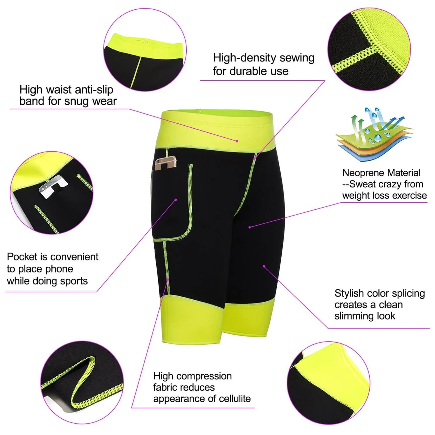 Hot Neoprene Sauna Sweat Pants with Side Pocket Workout Thighs Slimming Capris Leggings