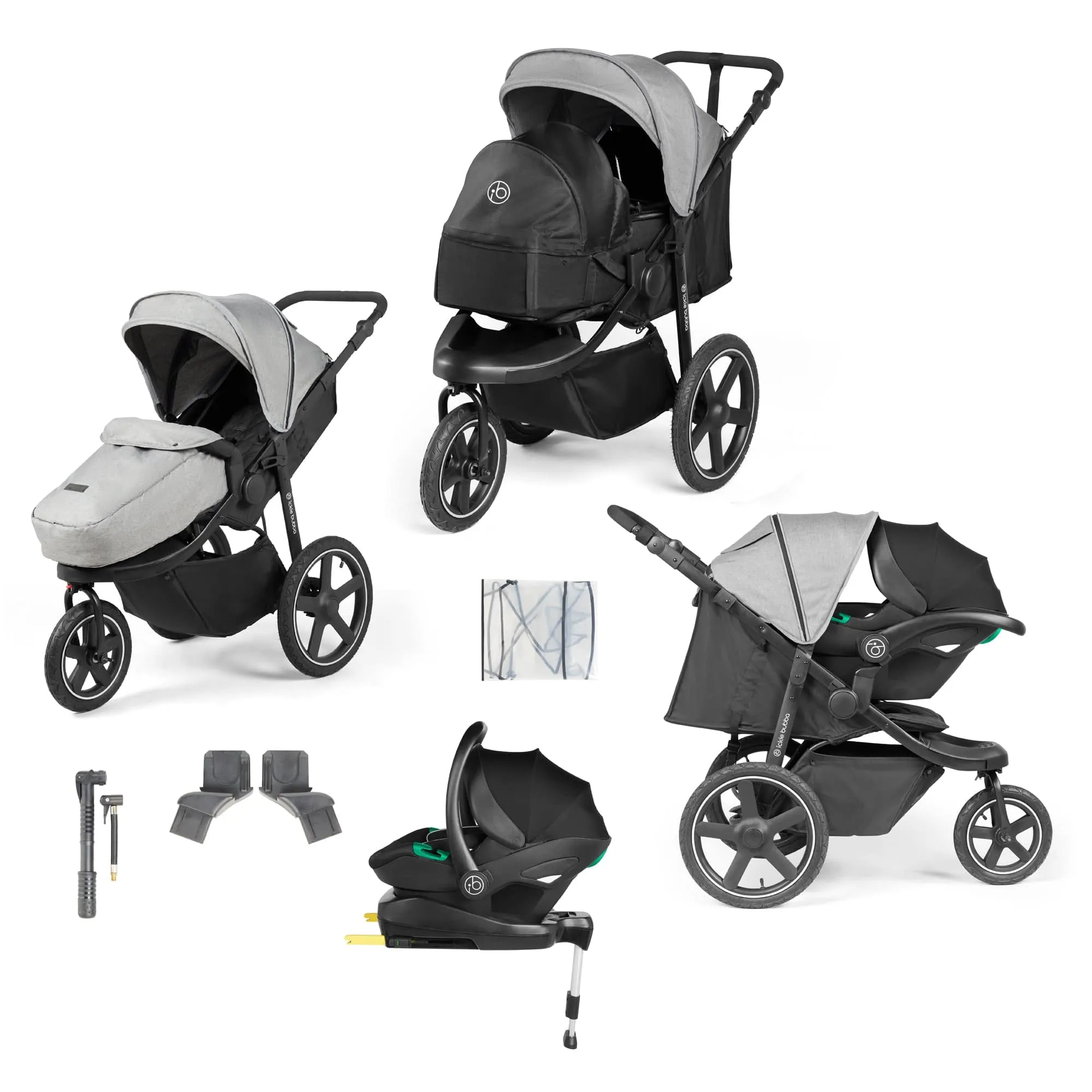 Ickle Bubba Venus Prime Jogger Stroller I-Size Travel System in Black/Space Grey with Base