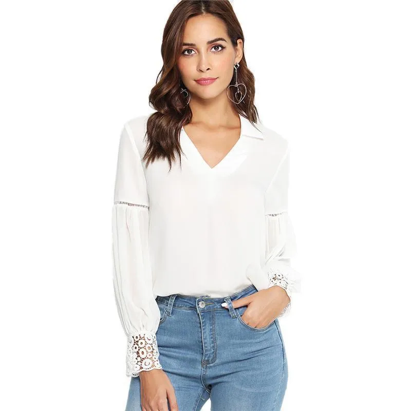 Lace Cuff V-Neck Blouse