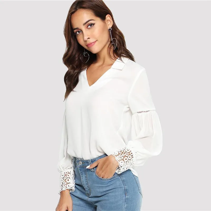Lace Cuff V-Neck Blouse