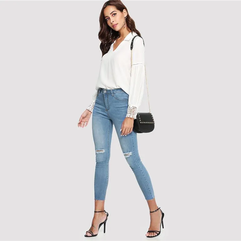 Lace Cuff V-Neck Blouse