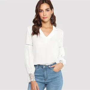 Lace Cuff V-Neck Blouse