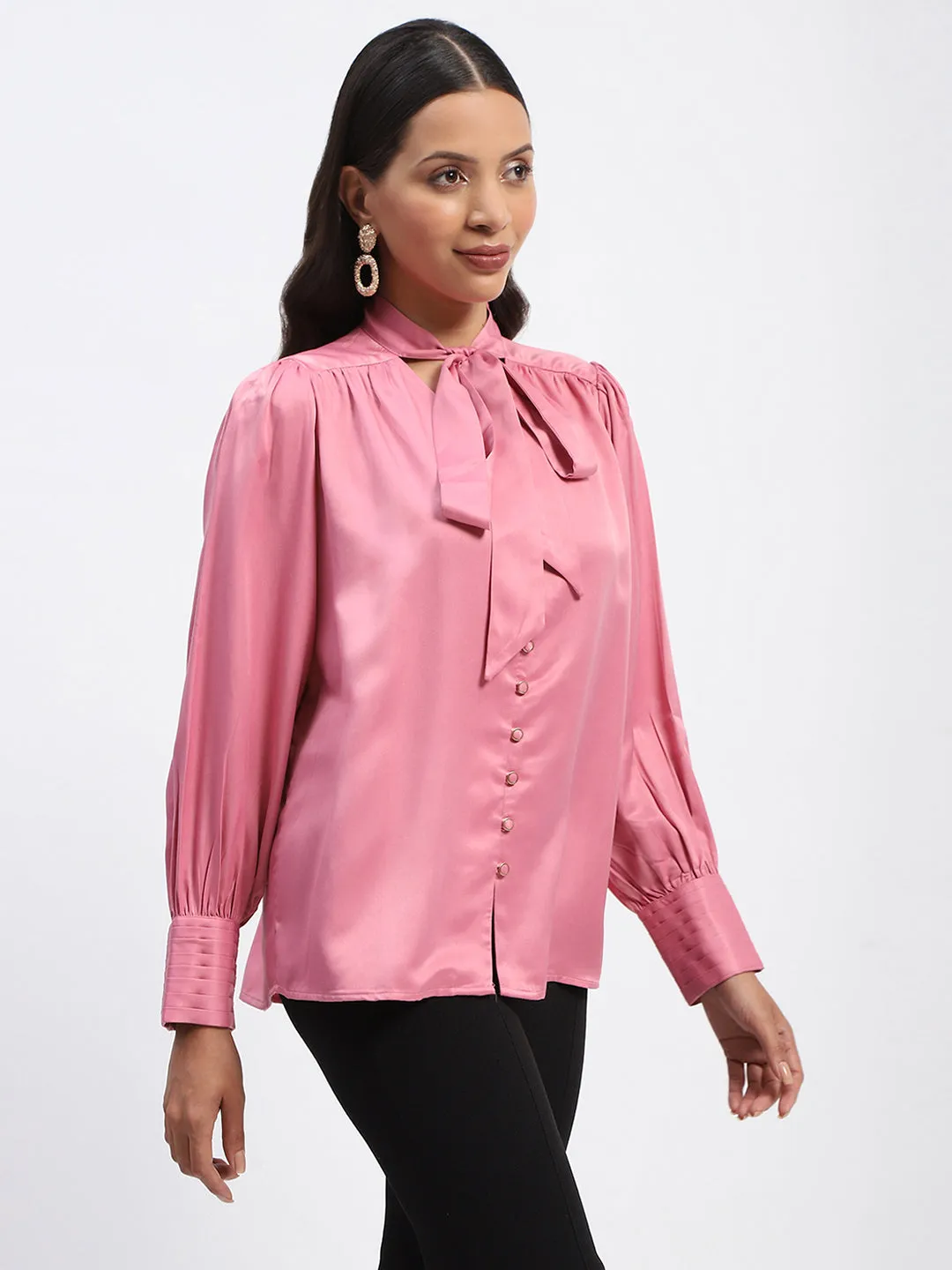 Madame Tie Up Neck Cuffed Sleeve Pink Top