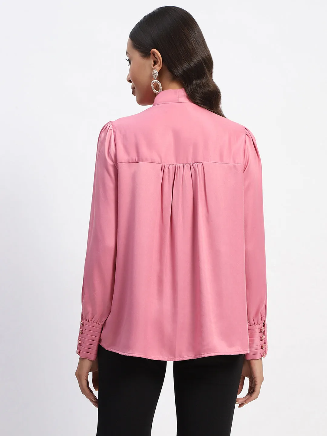 Madame Tie Up Neck Cuffed Sleeve Pink Top