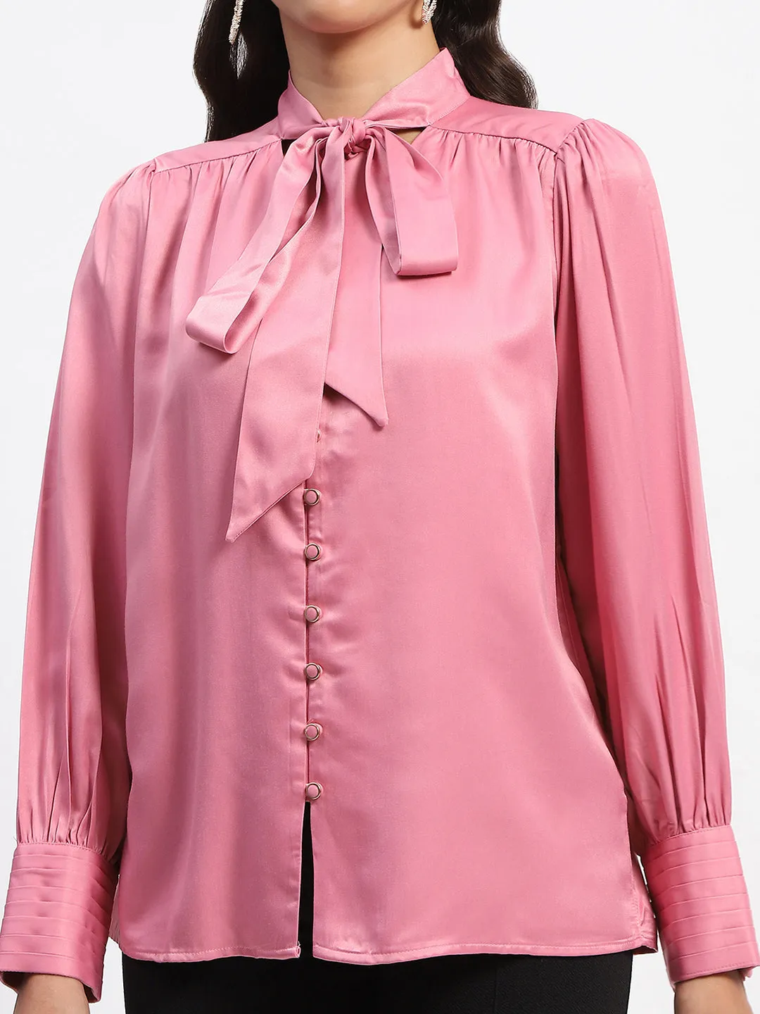 Madame Tie Up Neck Cuffed Sleeve Pink Top