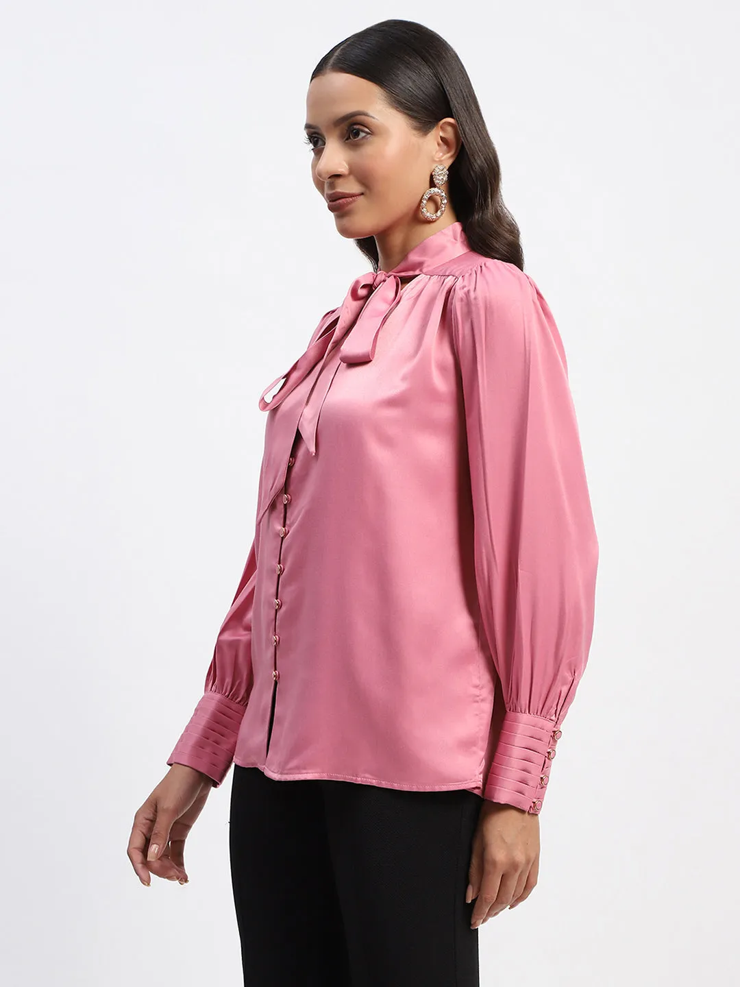 Madame Tie Up Neck Cuffed Sleeve Pink Top