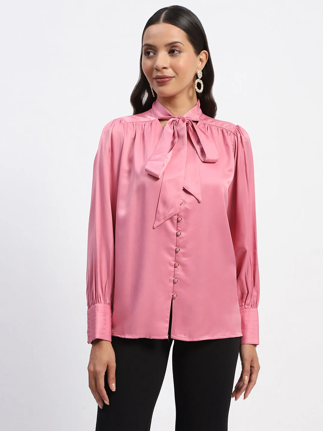 Madame Tie Up Neck Cuffed Sleeve Pink Top
