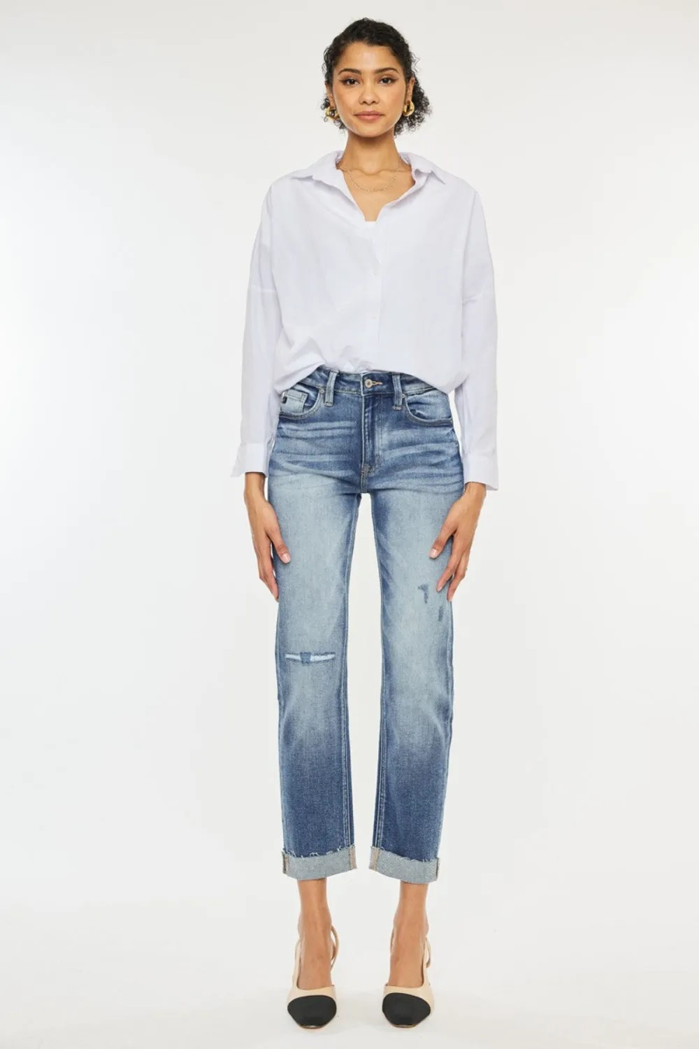Madeline High Rise Cuffed Straight Jeans by Kancan in Medium Wash