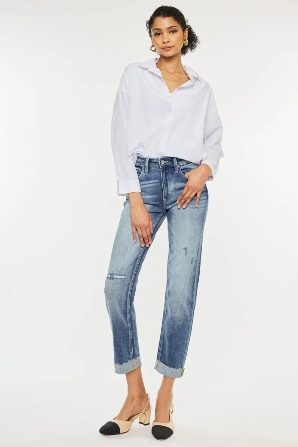 Madeline High Rise Cuffed Straight Jeans by Kancan in Medium Wash
