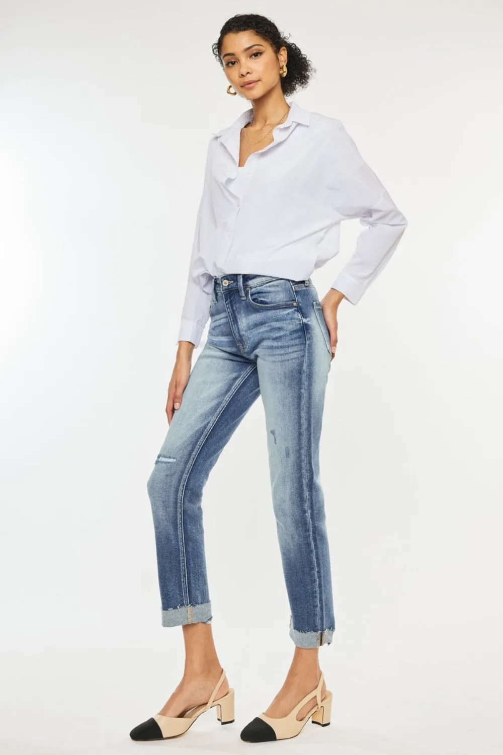 Madeline High Rise Cuffed Straight Jeans by Kancan in Medium Wash