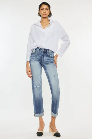Madeline High Rise Cuffed Straight Jeans by Kancan in Medium Wash