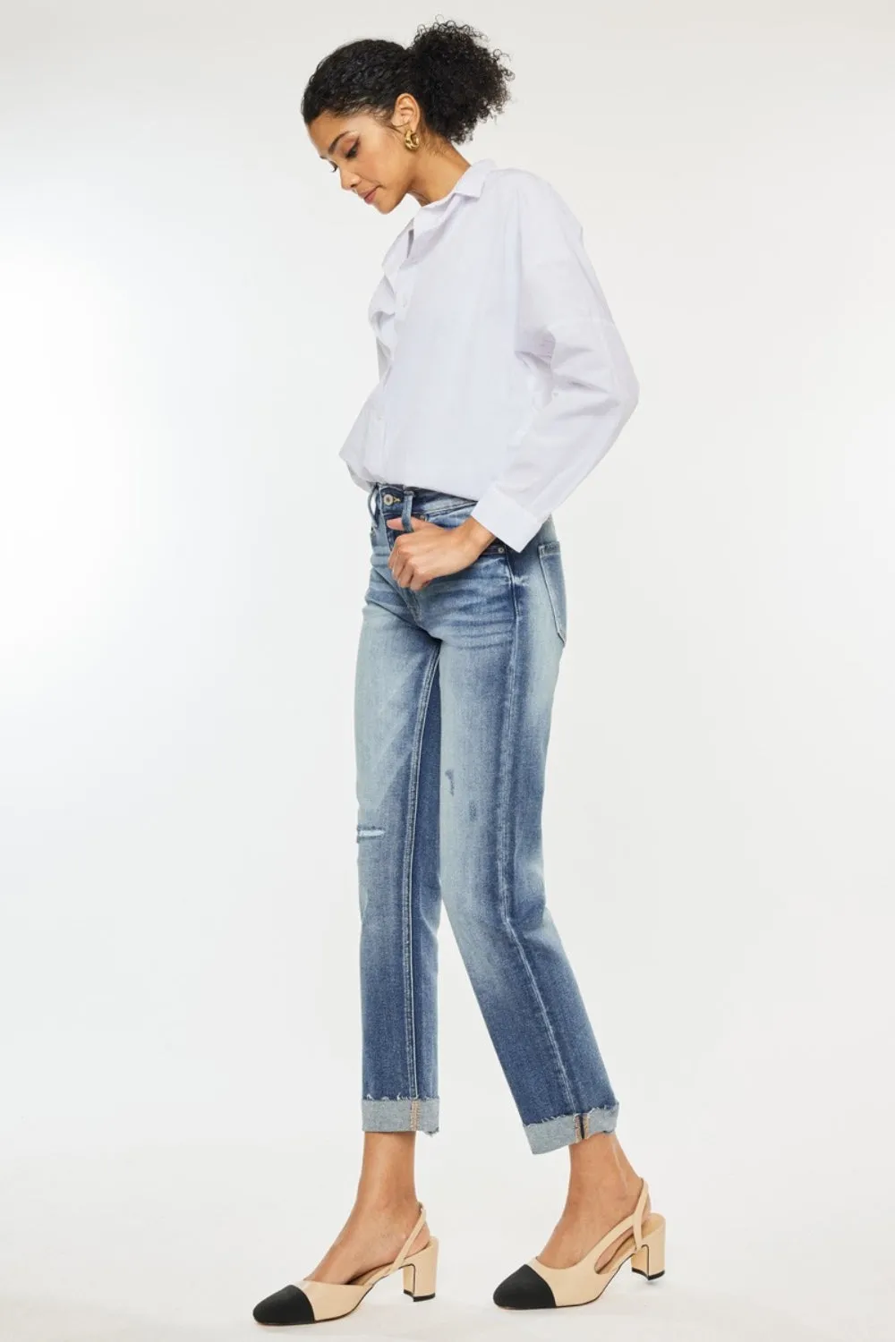 Madeline High Rise Cuffed Straight Jeans by Kancan in Medium Wash
