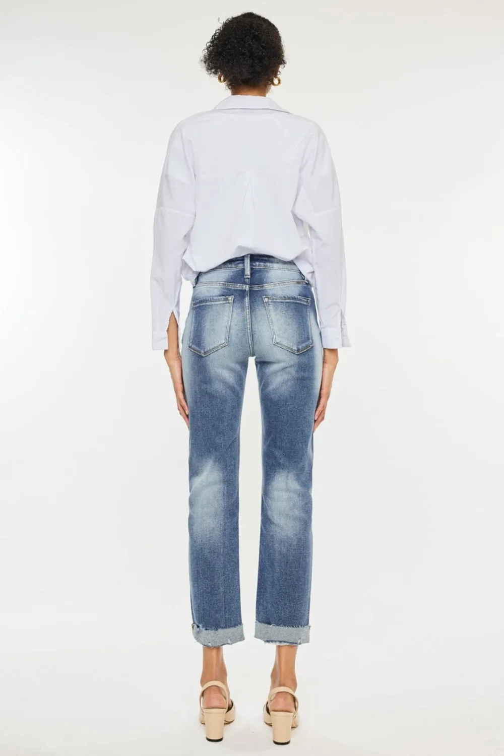 Madeline High Rise Cuffed Straight Jeans by Kancan in Medium Wash