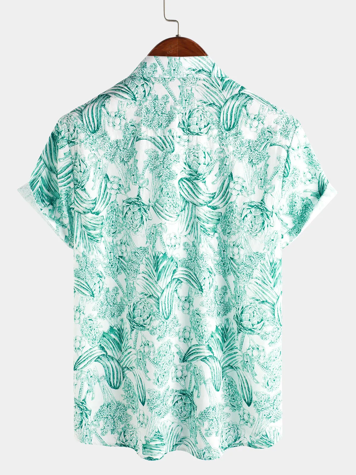 Men‘s 100% Cotton Green Floral Hawaiian Short Sleeve Button Shirt