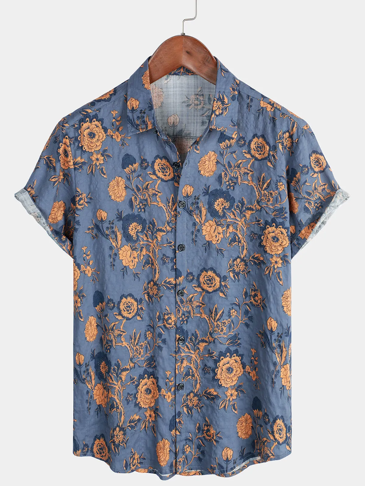 Men's Blue Floral Summer Cotton Hawaiian Button Up Shirt