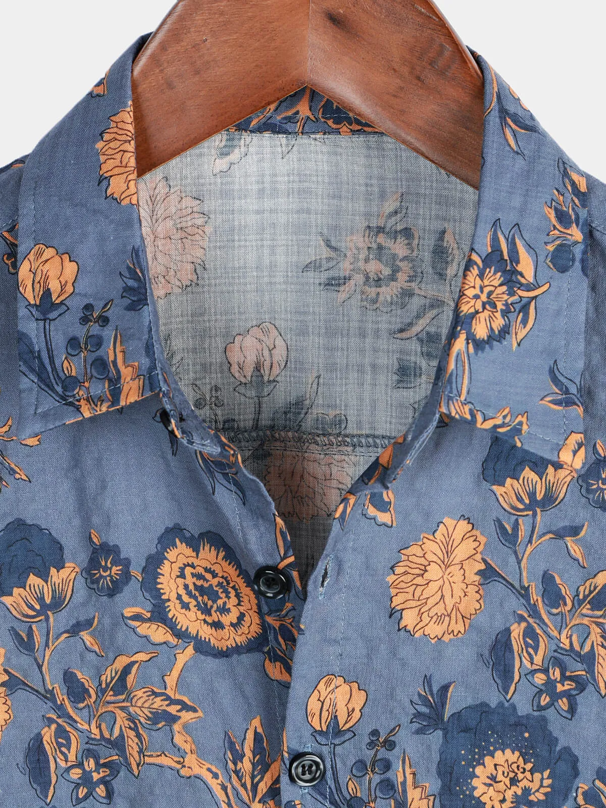 Men's Blue Floral Summer Cotton Hawaiian Button Up Shirt