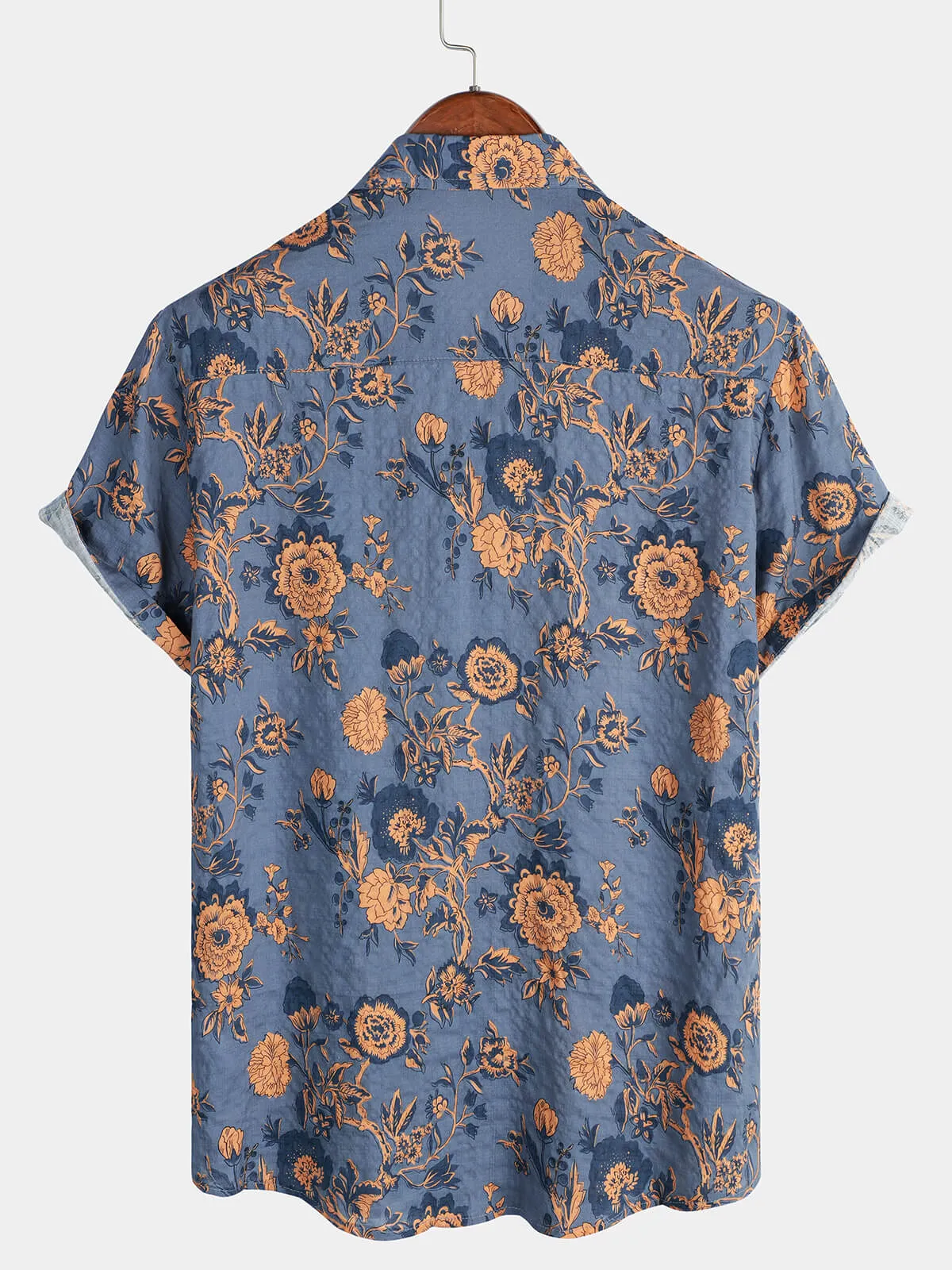 Men's Blue Floral Summer Cotton Hawaiian Button Up Shirt