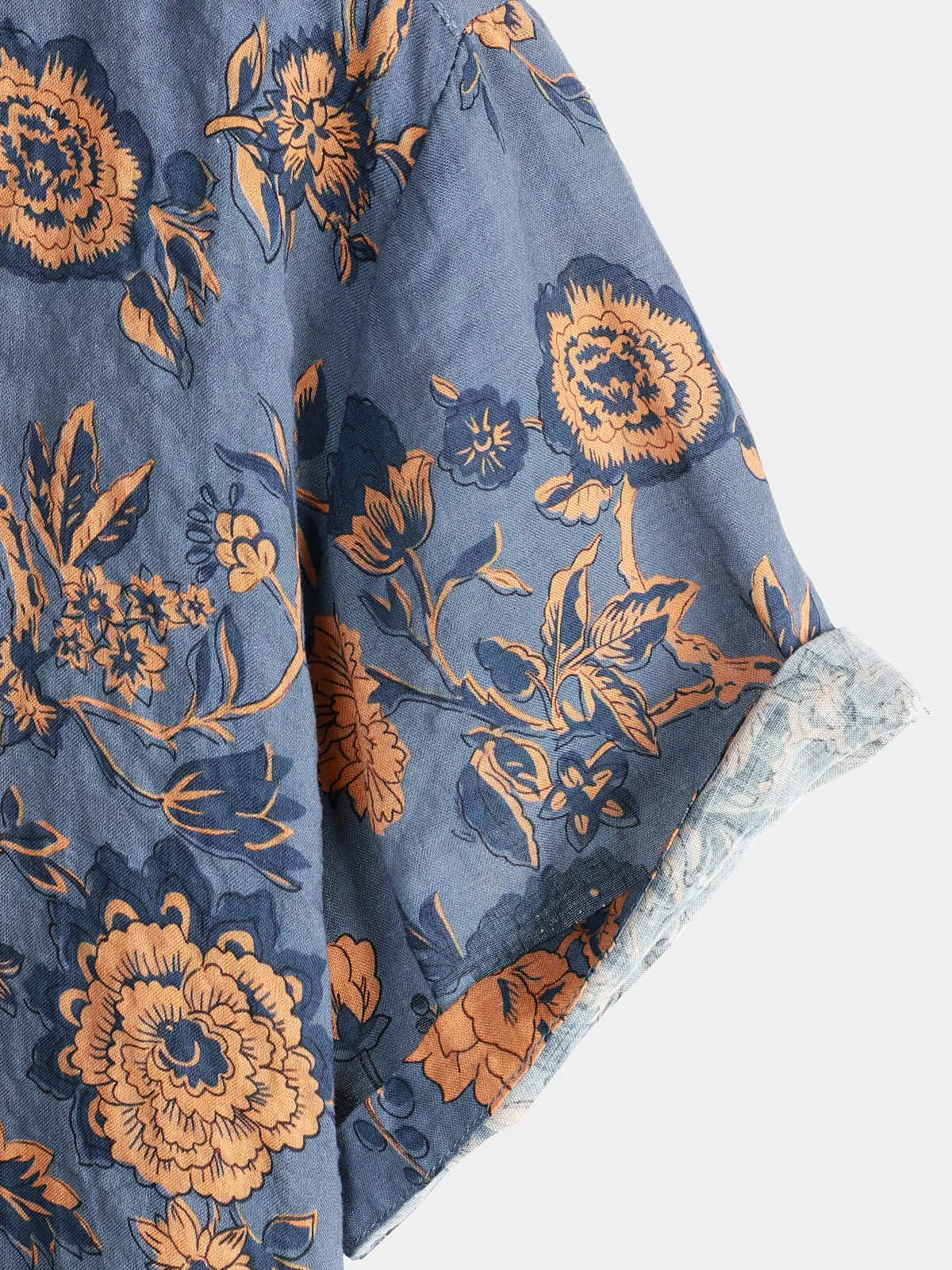 Men's Blue Floral Summer Cotton Hawaiian Button Up Shirt