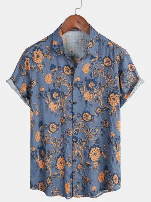 Men's Blue Floral Summer Cotton Hawaiian Button Up Shirt