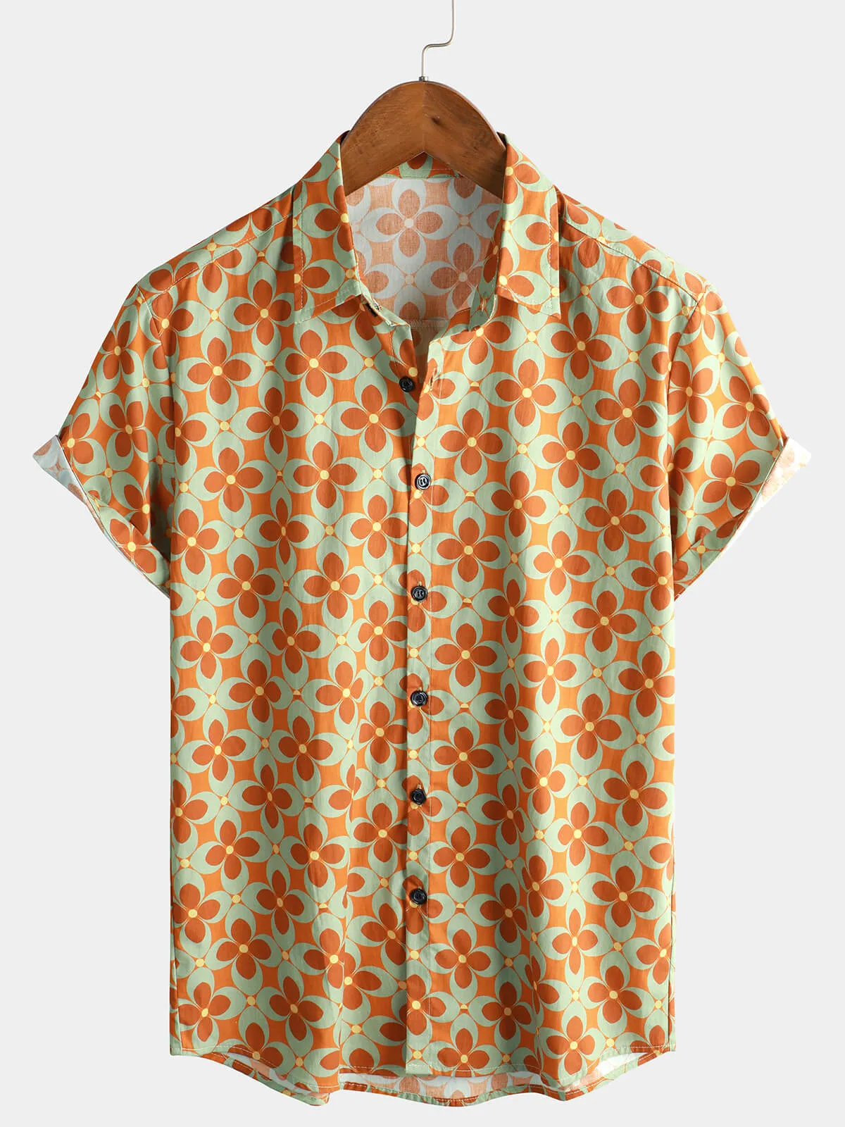 Men's Brown Floral Vintage Short Sleeve Cotton Shirt
