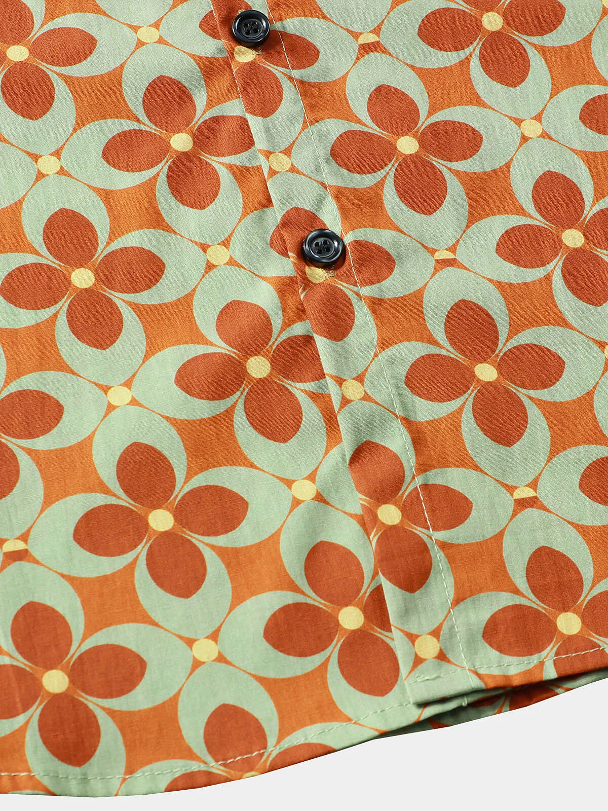 Men's Brown Floral Vintage Short Sleeve Cotton Shirt