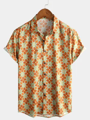 Men's Brown Floral Vintage Short Sleeve Cotton Shirt