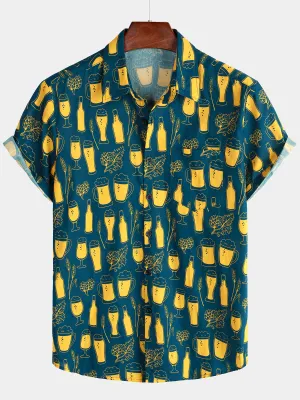 Men's Casual Beer Short Sleeve Button Up Holiday Shirt