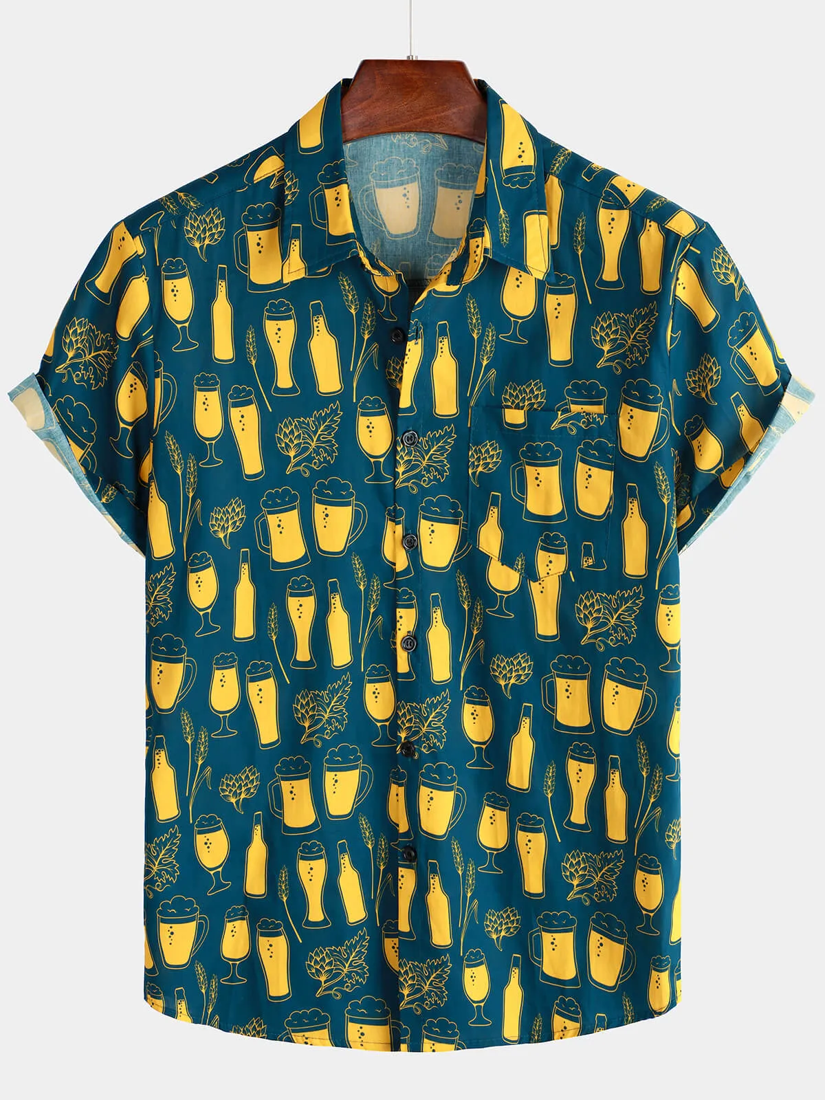 Men's Casual Beer Short Sleeve Button Up Holiday Shirt