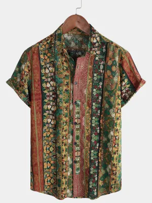 Men's Casual Floral Striped Cotton Vintage Short Sleeve Retro Button Up Shirt