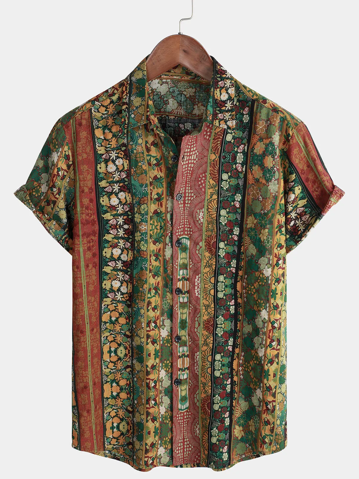 Men's Casual Floral Striped Cotton Vintage Short Sleeve Retro Button Up Shirt
