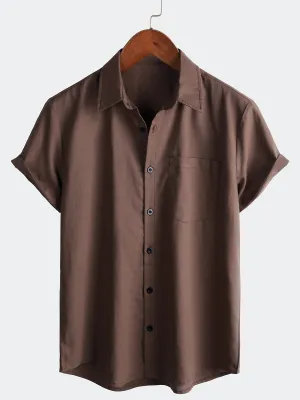 Men's Casual Hawaiian Button Up Cotton Linen Pocket Short Sleeve Shirt