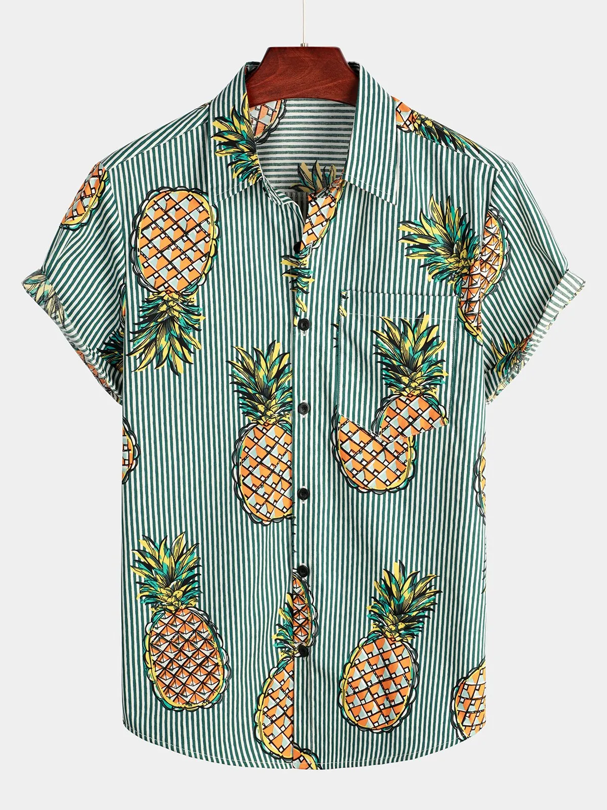 Men's Casual Pineapple Stripe Pocket Cotton Striped Shirt