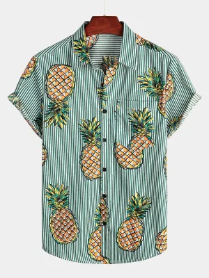 Men's Casual Pineapple Stripe Pocket Cotton Striped Shirt