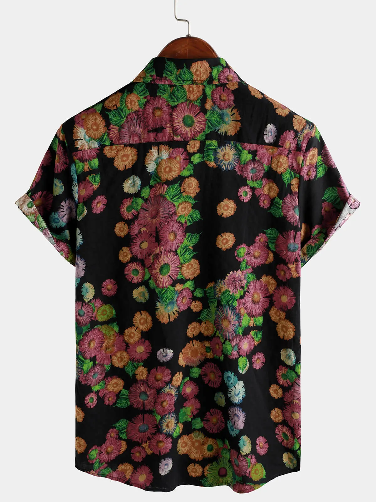 Men's Casual Retro Daisy Floral Holiday Button Up Short Sleeve Shirt