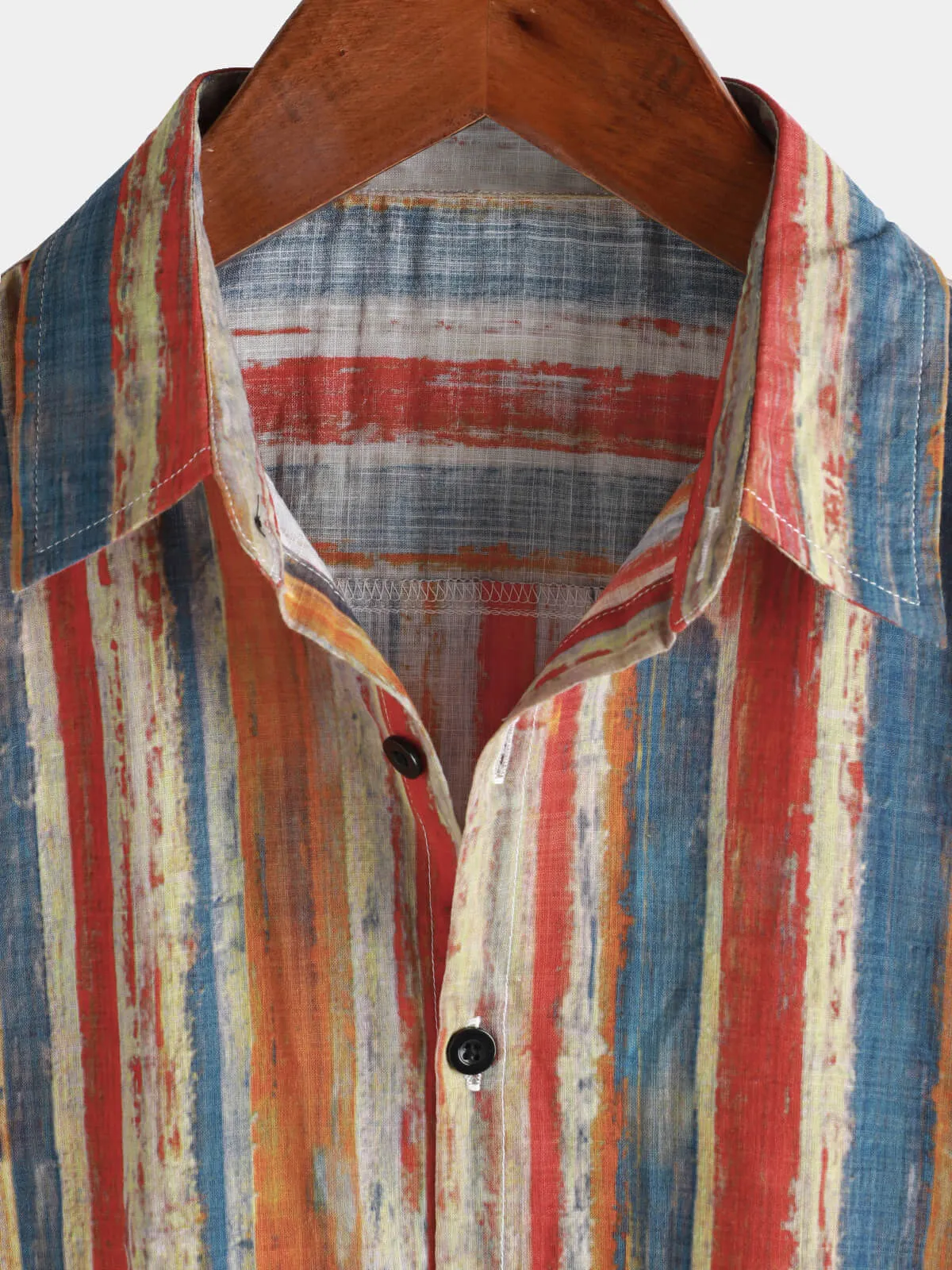 Men's Casual Retro Multicolor Striped Holiday Button Up Short Sleeve Shirt