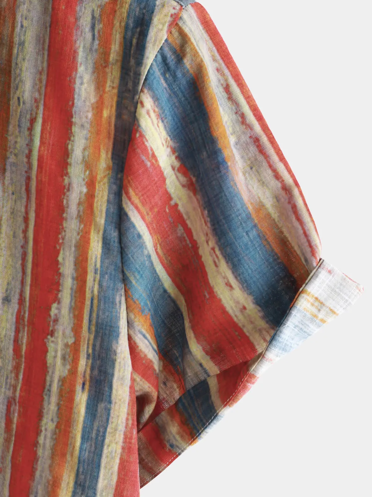 Men's Casual Retro Multicolor Striped Holiday Button Up Short Sleeve Shirt