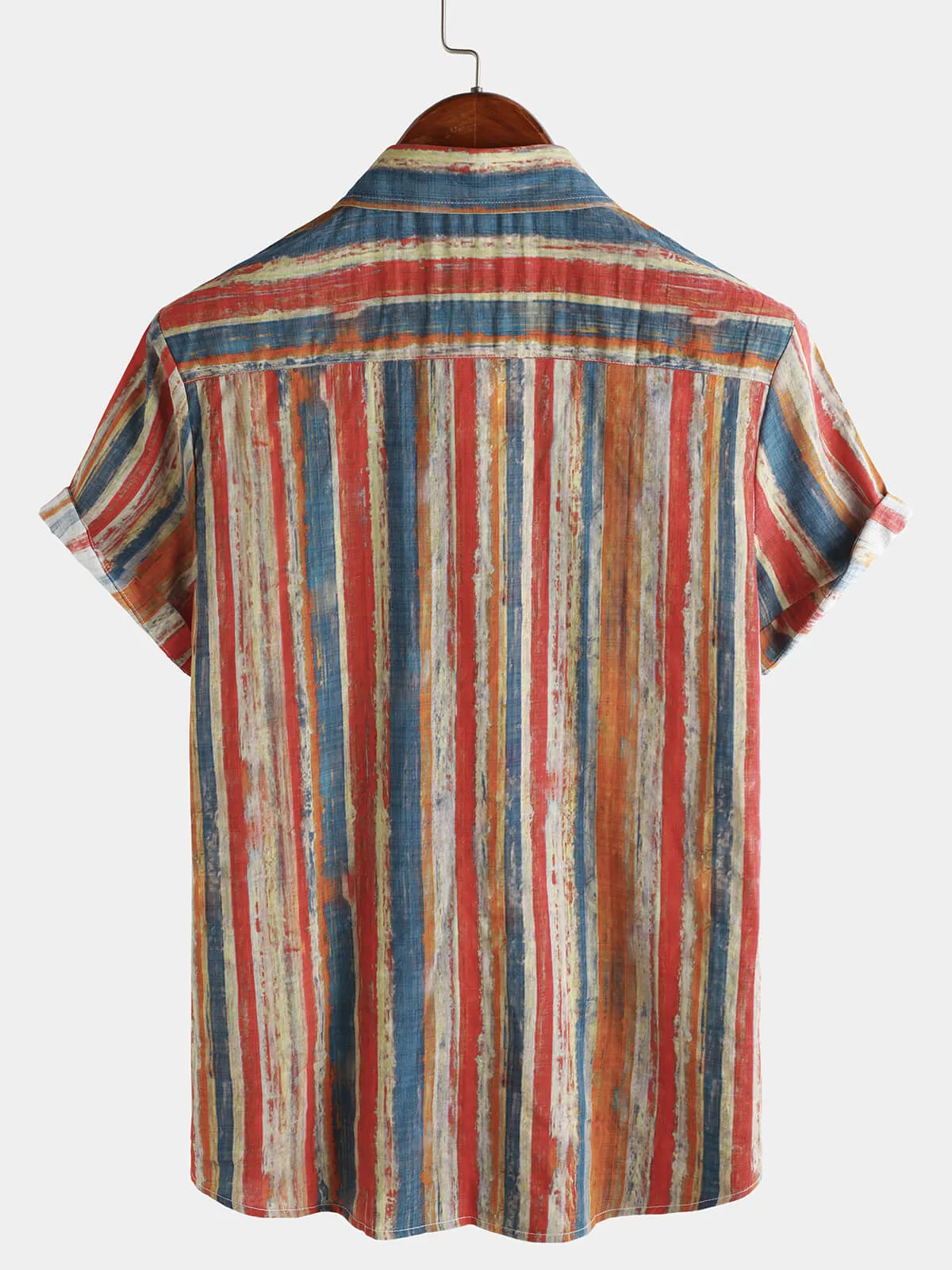 Men's Casual Retro Multicolor Striped Holiday Button Up Short Sleeve Shirt