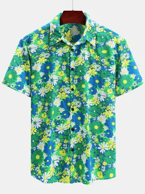 Men's Cotton Floral Casual Green Short Sleeve Hawaiian Shirt