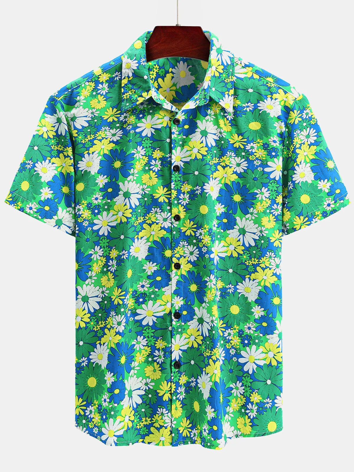 Men's Cotton Floral Casual Green Short Sleeve Hawaiian Shirt