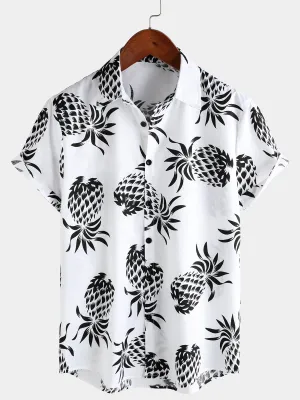 Men's Cotton Pineapple Print Summer Hawaiian Button Up Short Sleeve Shirt